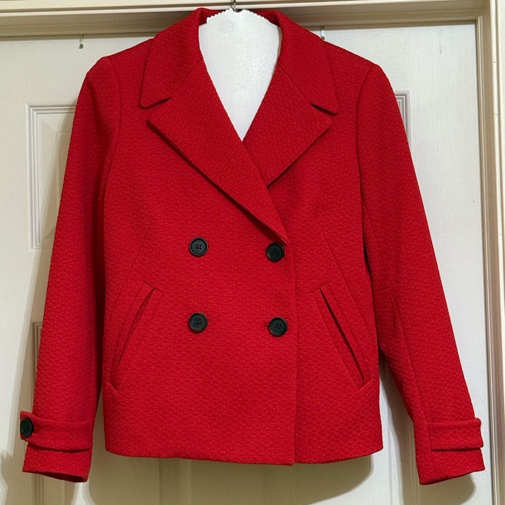 Talbots Textured Double-Breasted Red Blazer with Black Buttons